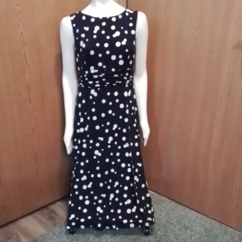 Jessica Howard Sleeveless Navy/White Polka Dot Dress, Polyester, Size 12.